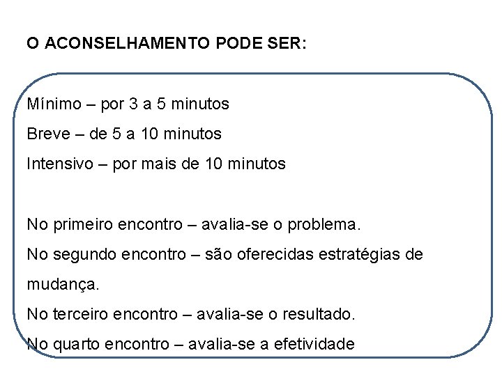 O ACONSELHAMENTO PODE SER: Mínimo – por 3 a 5 minutos Breve – de