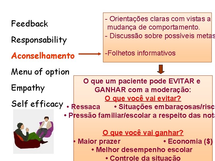 - Orientações claras com vistas a mudança de comportamento. - Discussão sobre possíveis metas