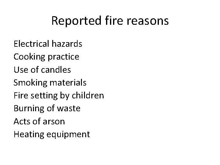 Reported fire reasons Electrical hazards Cooking practice Use of candles Smoking materials Fire setting