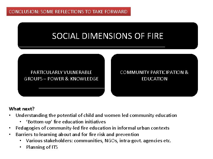 CONCLUSION: SOME REFLECTIONS TO TAKE FORWARD SOCIAL DIMENSIONS OF FIRE PARTICULARLY VULNERABLE GROUPS –