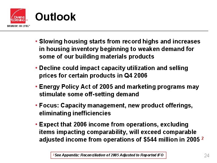 Outlook • Slowing housing starts from record highs and increases in housing inventory beginning