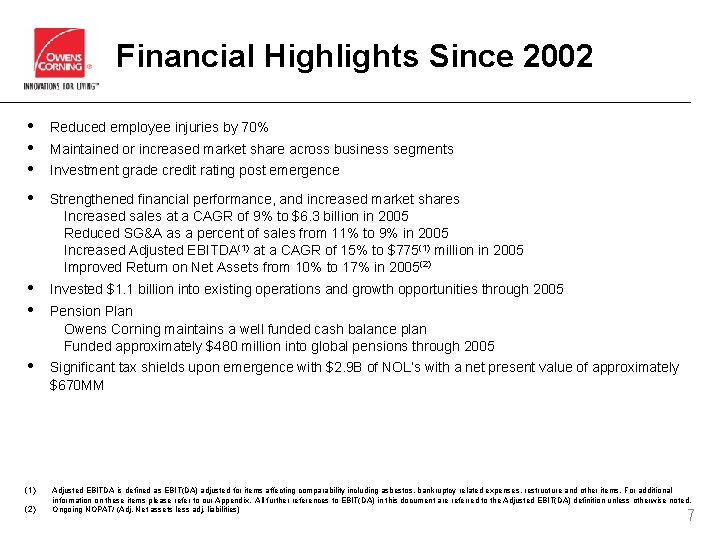Financial Highlights Since 2002 • • • Reduced employee injuries by 70% • Strengthened