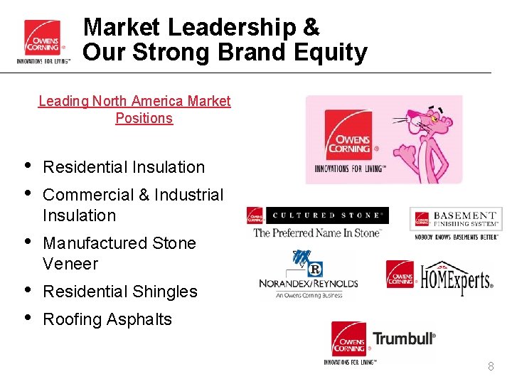 Market Leadership & Our Strong Brand Equity Leading North America Market Positions • •