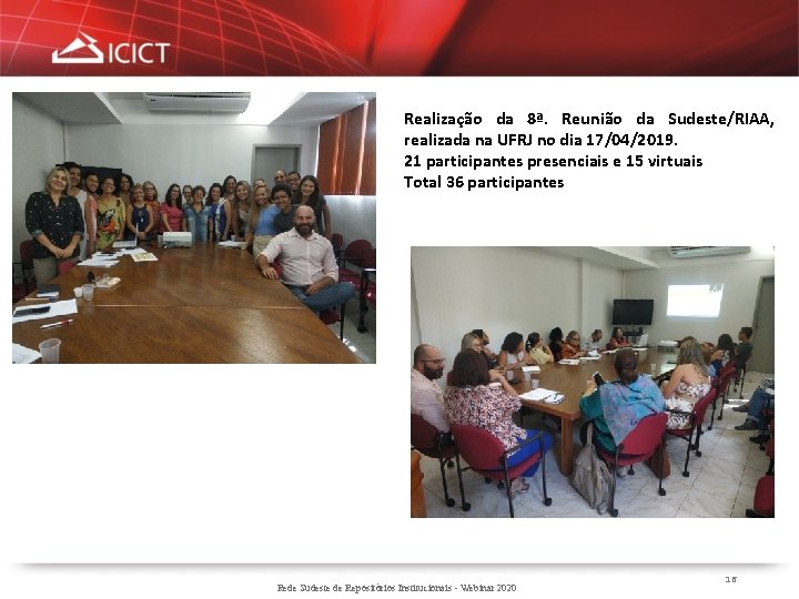 Realização da 8ª. Reunião da Sudeste/RIAA, realizada na UFRJ no dia 17/04/2019. 21 participantes