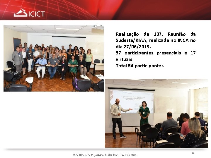 Realização da 10ª. Reunião da Sudeste/RIAA, realizada no INCA no dia 27/06/2019. 37 participantes