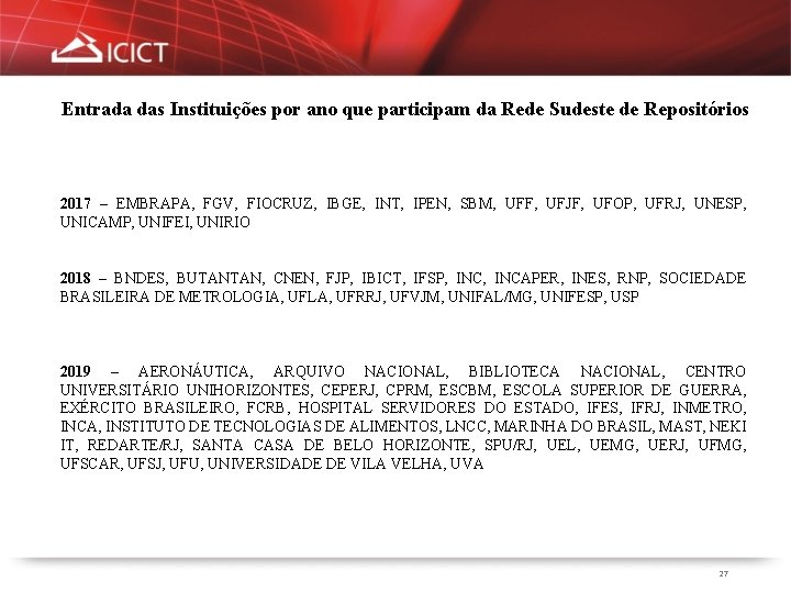 Entrada das Instituições por ano que participam da Rede Sudeste de Repositórios 2017 –