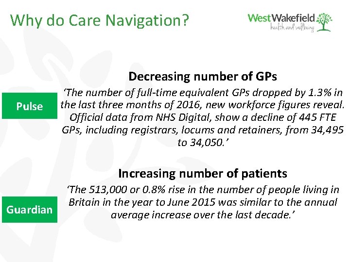 Why do Care Navigation? Decreasing number of GPs Pulse ‘The number of full-time equivalent