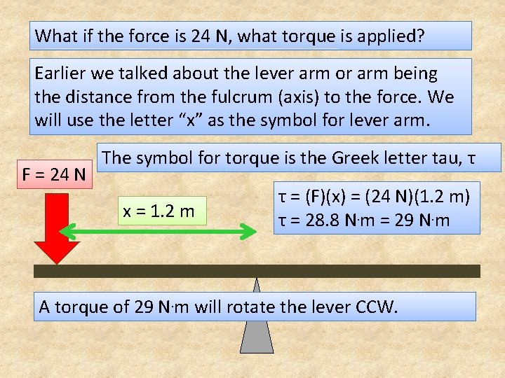 What if the force is 24 N, what torque is applied? Earlier we talked