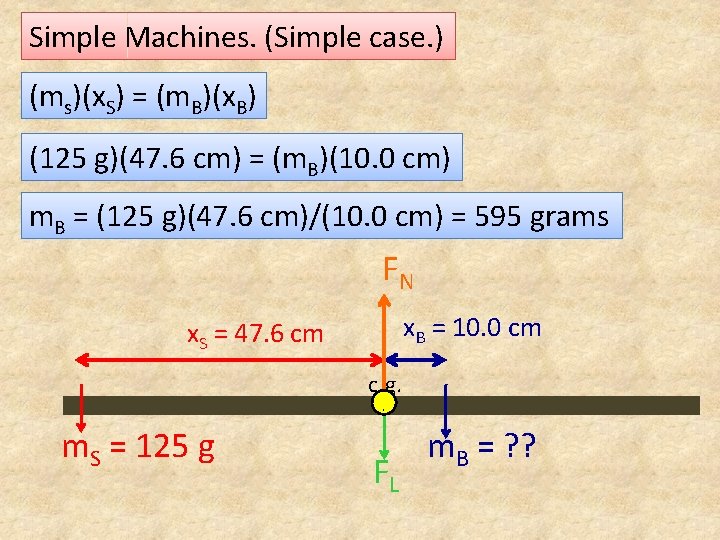 Simple Machines. (Simple case. ) (ms)(x. S) = (m. B)(x. B) (125 g)(47. 6