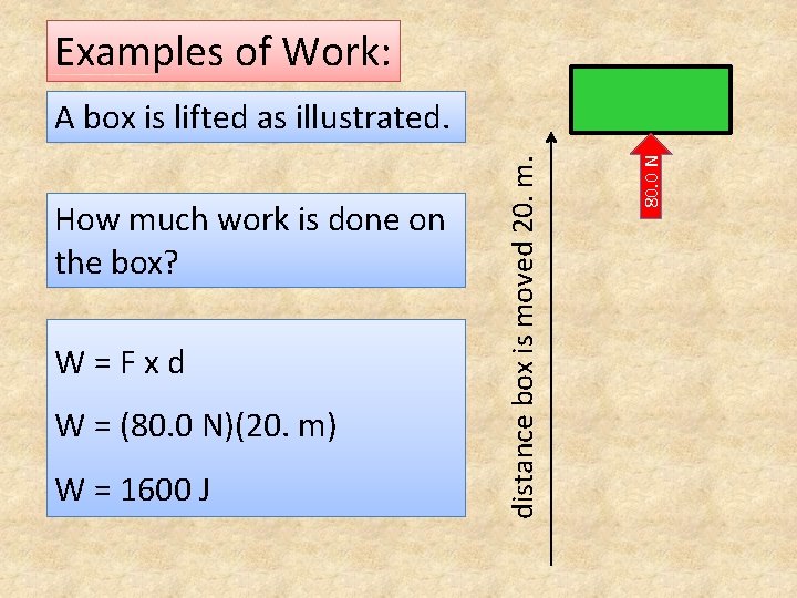 Examples of Work: W=Fxd W = (80. 0 N)(20. m) W = 1600 J