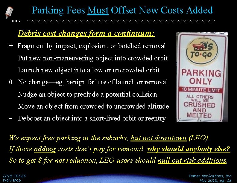 Parking Fees Must Offset New Costs Added Debris cost changes form a continuum: +