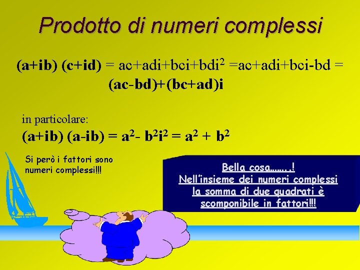 Prodotto di numeri complessi (a+ib) (c+id) = ac+adi+bci+bdi 2 =ac+adi+bci-bd = (ac-bd)+(bc+ad)i in particolare: