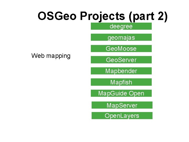 OSGeo Projects (part 2) deegree geomajas Web mapping Geo. Moose Geo. Server Mapbender Mapfish