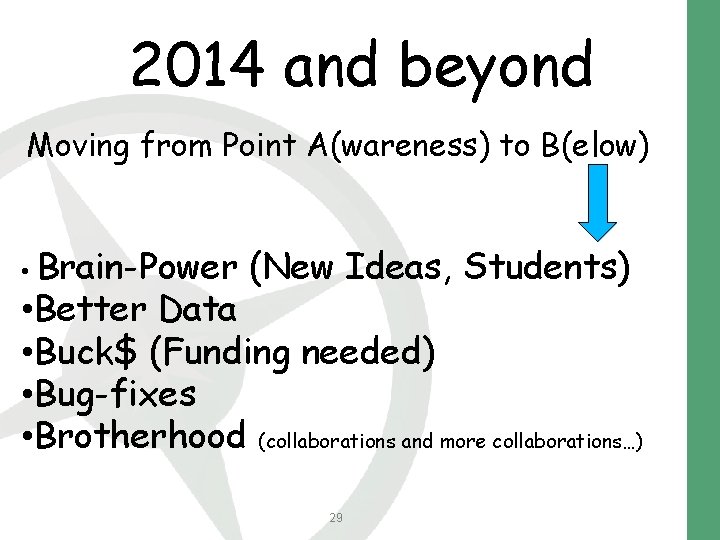 2014 and beyond Moving from Point A(wareness) to B(elow) • Brain-Power (New Ideas, Students)