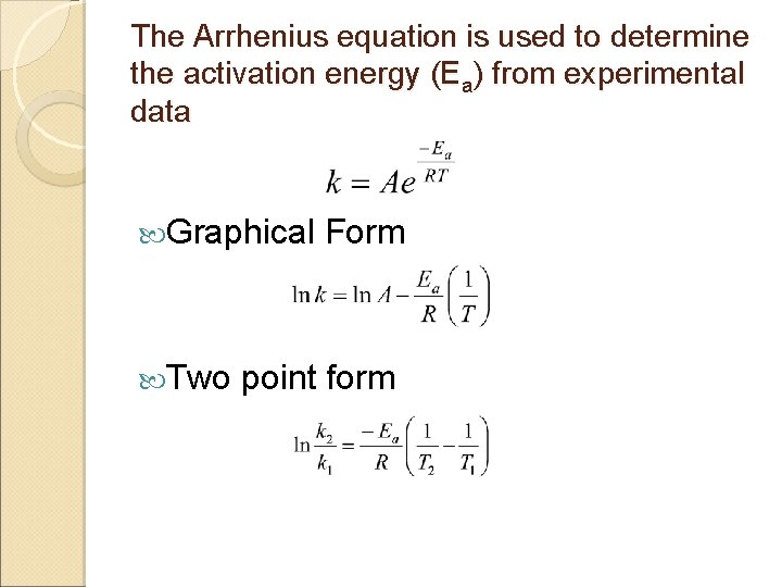 The Arrhenius equation is used to determine the activation energy (Ea) from experimental data