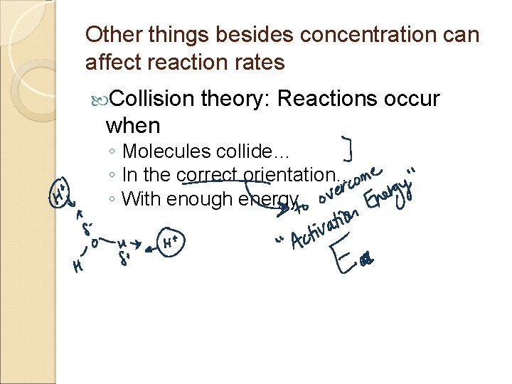 Other things besides concentration can affect reaction rates Collision when theory: Reactions occur ◦