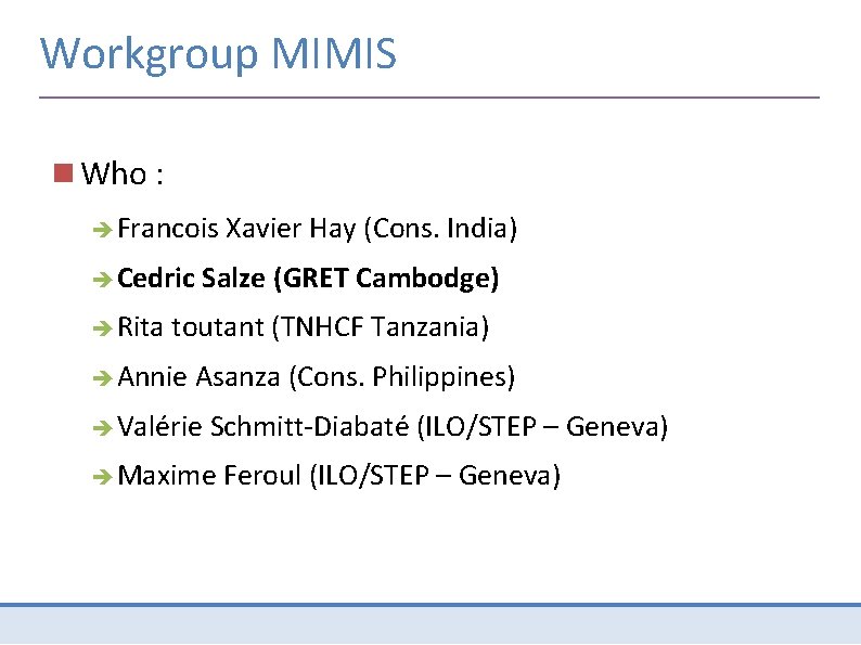 Workgroup MIMIS Who : Francois Cedric Rita Xavier Hay (Cons. India) Salze (GRET Cambodge)