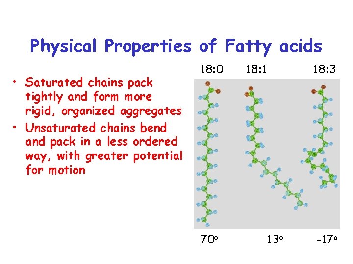 Physical Properties of Fatty acids • Saturated chains pack tightly and form more rigid,