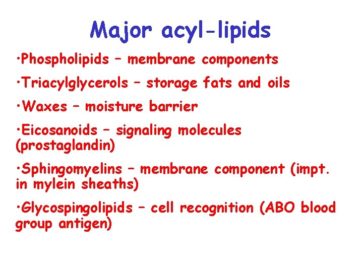 Major acyl-lipids • Phospholipids – membrane components • Triacylglycerols – storage fats and oils