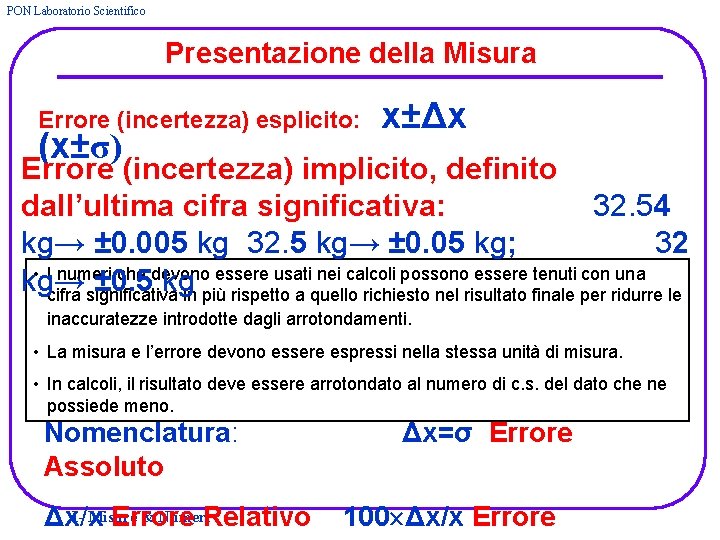 PON Laboratorio Scientifico Presentazione della Misura Errore (incertezza) esplicito: (x±σ) x±Δx Errore (incertezza) implicito,