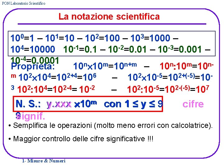 PON Laboratorio Scientifico La notazione scientifica 100=1 – 101=10 – 102=100 – 103=1000 –