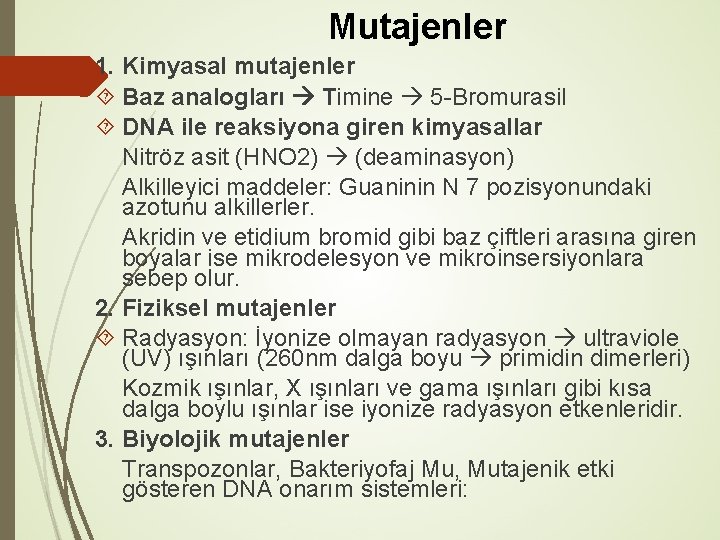 Mutajenler 1. Kimyasal mutajenler Baz analogları Timine 5 -Bromurasil DNA ile reaksiyona giren kimyasallar
