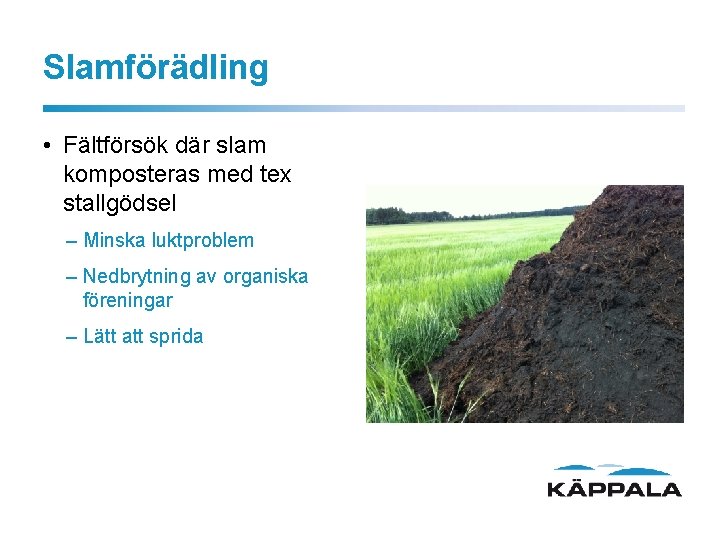 Slamförädling • Fältförsök där slam komposteras med tex stallgödsel – Minska luktproblem – Nedbrytning