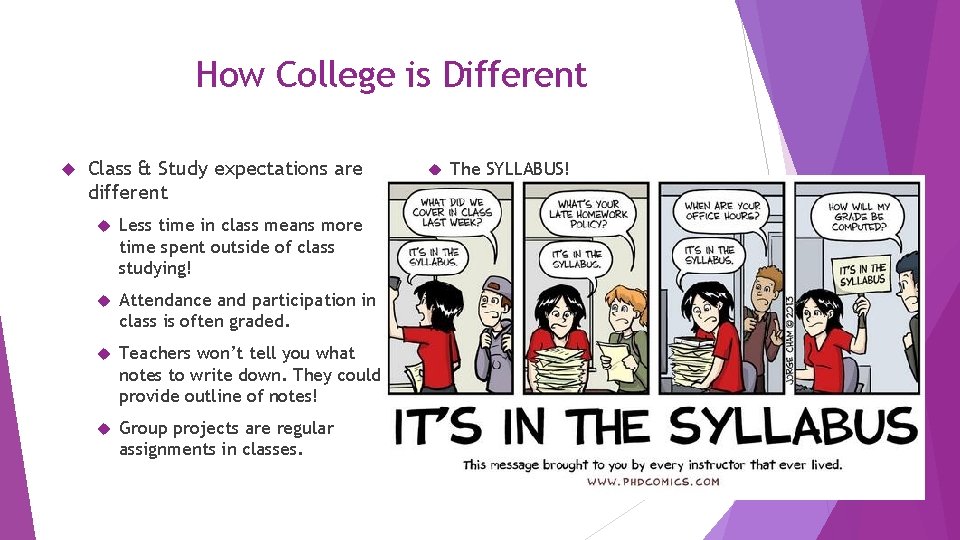 How College is Different Class & Study expectations are different Less time in class