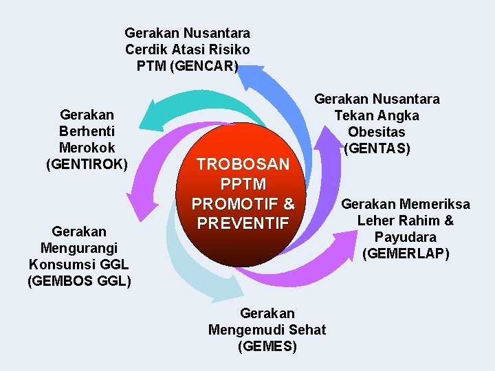 Gerakan Nusantara Cerdik Atasi Risiko PTM (GENCAR) Gerakan Berhenti Merokok (GENTIROK) Gerakan Mengurangi Konsumsi