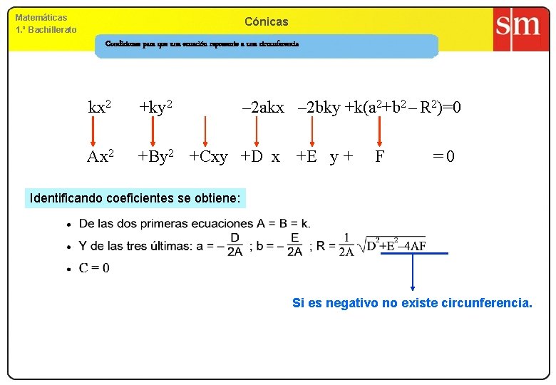 Matemáticas 1. º Bachillerato Cónicas Condiciones para que una ecuación represente a una circunferencia