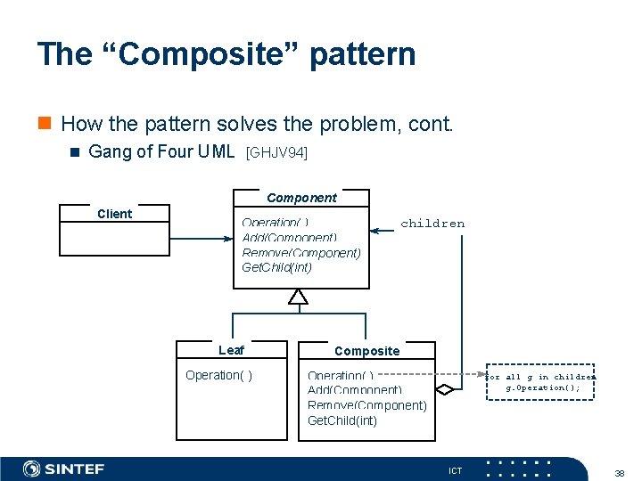 The “Composite” pattern How the pattern solves the problem, cont. Gang of Four UML