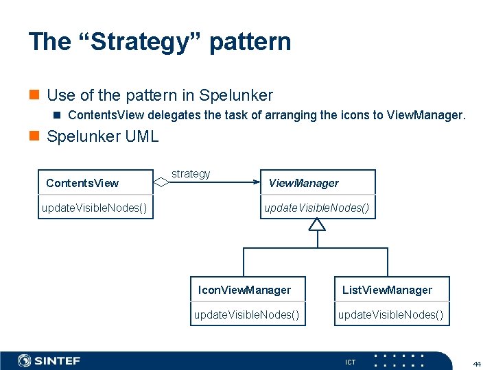 The “Strategy” pattern Use of the pattern in Spelunker Contents. View delegates the task