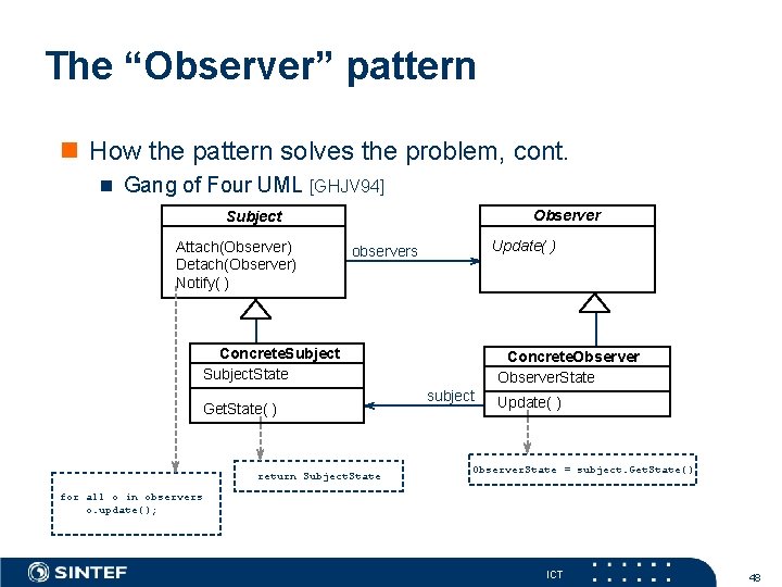 The “Observer” pattern How the pattern solves the problem, cont. Gang of Four UML