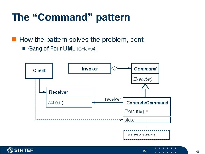 The “Command” pattern How the pattern solves the problem, cont. Gang of Four UML