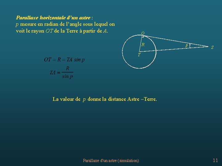 Parallaxe horizontale d’un astre : p mesure en radian de l’angle sous lequel on