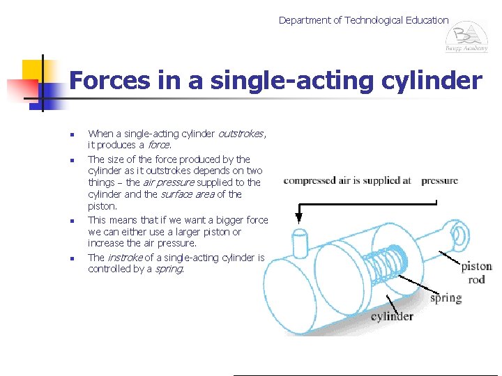Department of Technological Education Forces in a single-acting cylinder n n When a single-acting