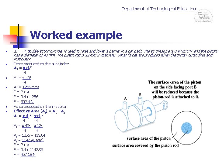 Department of Technological Education Worked example n n n 1. A double-acting cylinder is