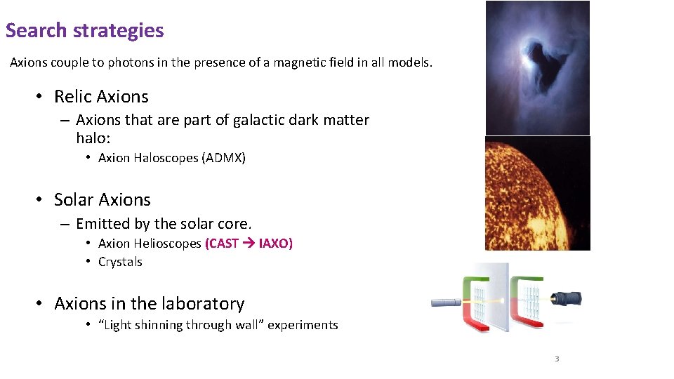 Search strategies Axions couple to photons in the presence of a magnetic field in