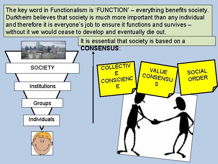 The key word in Functionalism is ‘FUNCTION’ – everything benefits society. Durkheim believes that The key word in Functionalism is ‘FUNCTION’ – everything benefits society. Durkheim believes that