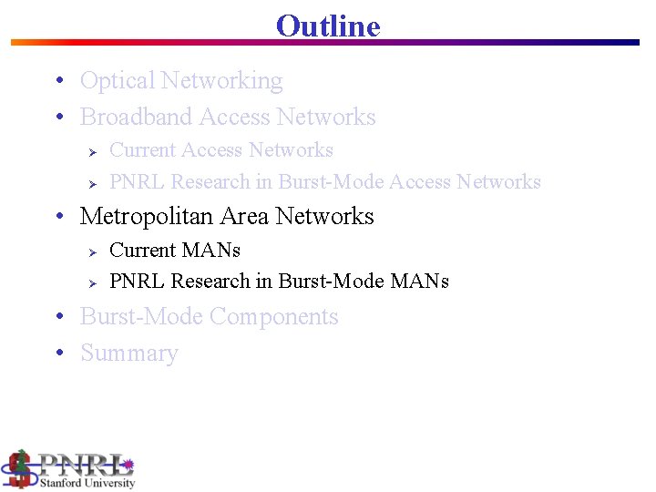 Outline • Optical Networking • Broadband Access Networks Ø Ø Current Access Networks PNRL