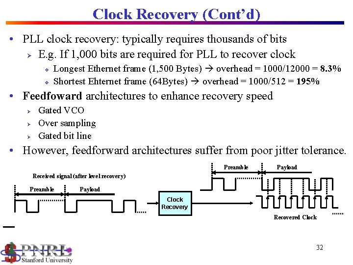 Clock Recovery (Cont’d) • PLL clock recovery: typically requires thousands of bits Ø E.