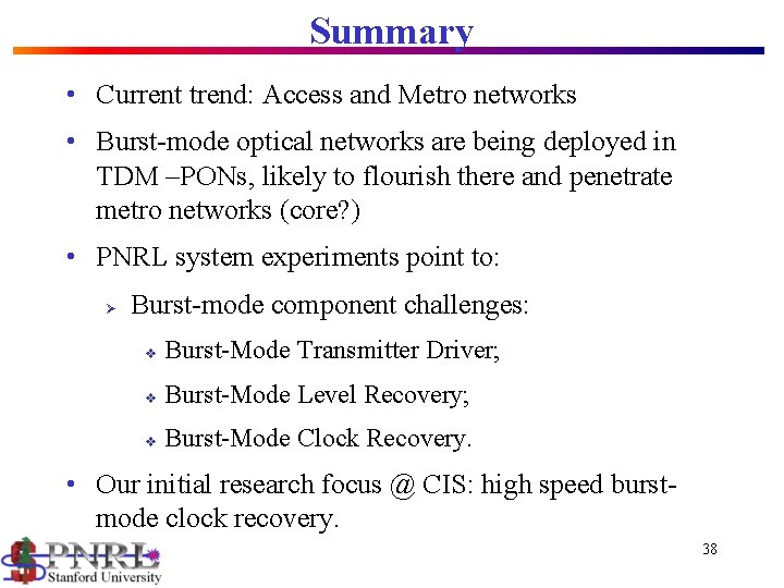 Summary • Current trend: Access and Metro networks • Burst-mode optical networks are being