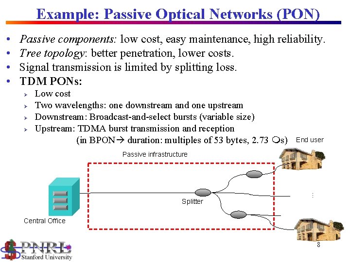 Example: Passive Optical Networks (PON) • • Passive components: low cost, easy maintenance, high