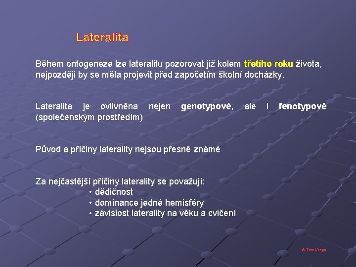 Lateralita Během ontogeneze lateralitu pozorovat již kolem třetího roku života, nejpozději by se měla