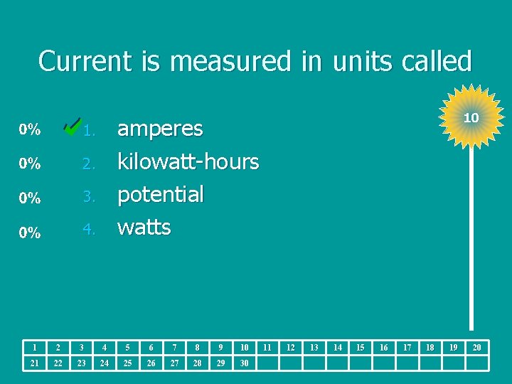 Current is measured in units called 10 amperes kilowatt-hours potential watts 1. 2. 3.