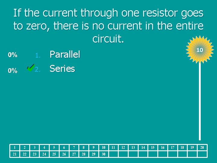 If the current through one resistor goes to zero, there is no current in