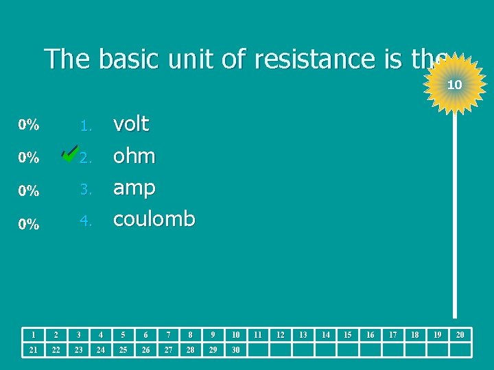 The basic unit of resistance is the 10 volt ohm amp coulomb 1. 2.