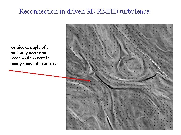 Reconnection in driven 3 D RMHD turbulence • A nice example of a randomly