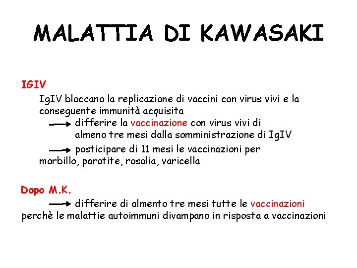 MALATTIA DI KAWASAKI IGIV Ig. IV bloccano la replicazione di vaccini con virus vivi