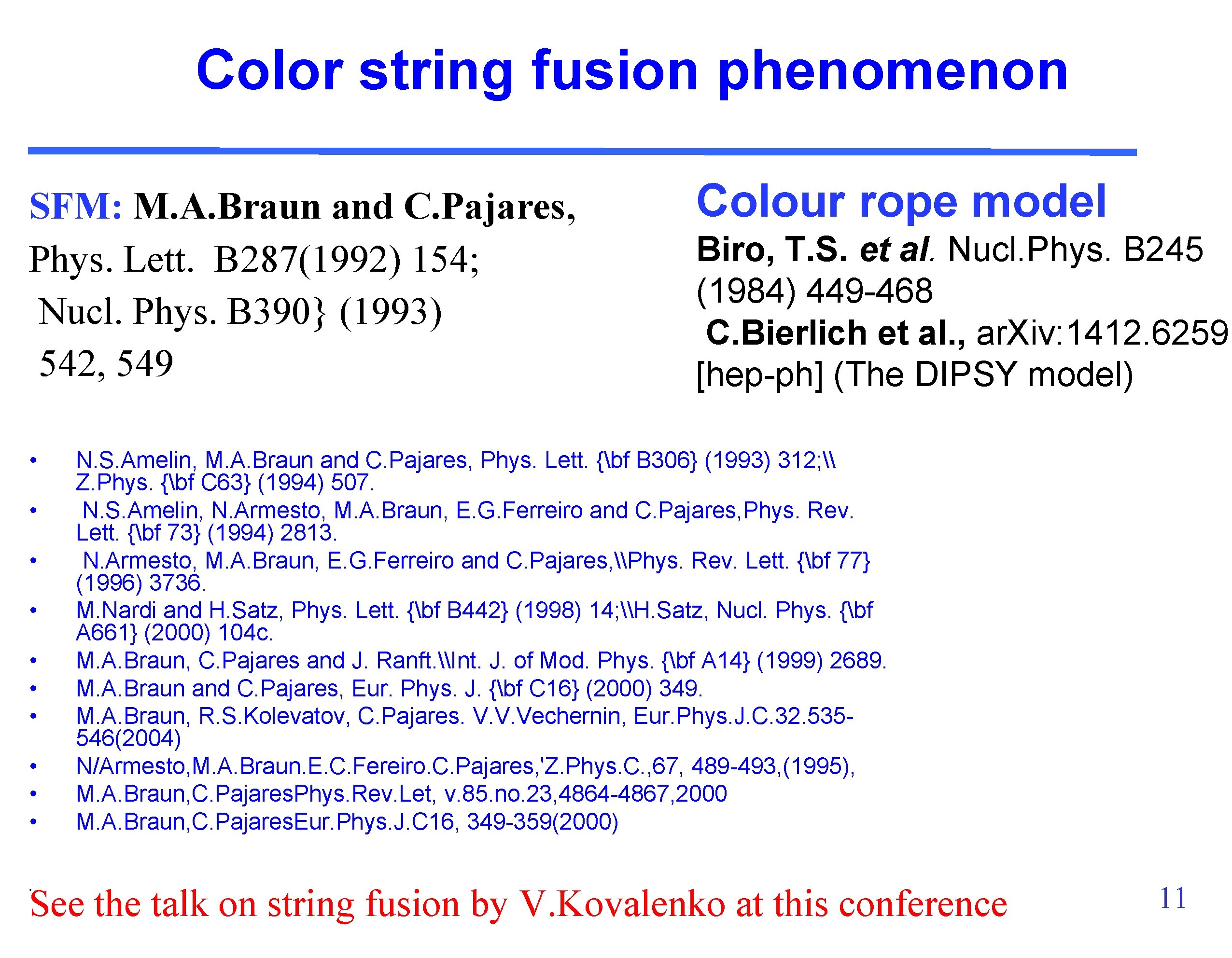 Color string fusion phenomenon SFM: M. A. Braun and C. Pajares, Phys. Lett. B